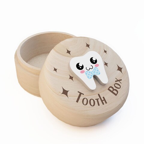 Azbuk Carved Tooth Box for Kids, Tooth Fairy Wooden Box with 3D Tooth, Stores Lost Teeth for Boys Children and Easy to Carry, Dropped Tooth Keepsake Storage Box（B-bowtie-T）