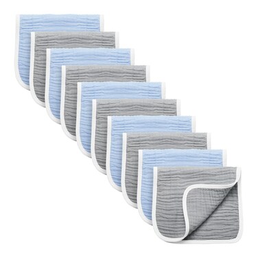 Synrroe Burp Cloths Large, Muslin Burp Cloths for Baby Girls and Boys, Pack of 10 Extra Absorbent and Soft Muslin Bibs, 6 Layers 20 by 10 Inches 100% Cotton (Blue-Grey 10 Pack)