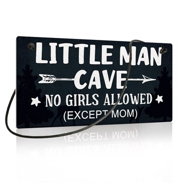 Putuo Decor Little Man Cave Sign, Boys Room Wall Decor for Kids, Toddler Boys, Baby, 10x5 Inches PVC Hanging Plaque Gift (No Girls Allowed Except Mom - 2)