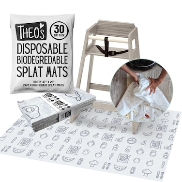 30 Pack   Disposable Splat Mats   Biodegradable + Compostable   THEO'S MATS   Under Highchair Splat Mat for Floor   Baby Led Weaning Supplies   (THEO001)