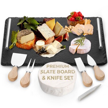 Slate Cheese Board Set w/Easy Carry Handles (14&rdquo; x 10&rdquo;, Black) Natural Stone Slate Tray for Appetizer Serving; Full Deluxe Cheeseboard Platter w/ 3 Knives, 1 Fork &amp; 2 Soapstone Chalks by Yes4Quality