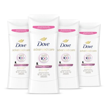 Dove Advanced Care Antiperspirant Deodorant Stick Clear Finish 4 Count deodorant that doesn&rsquo;t stain clothes 72-hour odor control and all-day sweat protection with Pro-Ceramide Technology 2.6 oz
