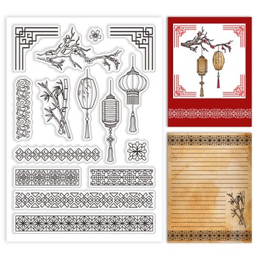 PH PandaHall Chinese Patterns Clear Stamps for Card Making, Lantern Rubber Stamps Transparent Winder Border Paper Craft Stamps for DIY Scrapbooking Stamps Spring Festival Decoration Paper Photo Card