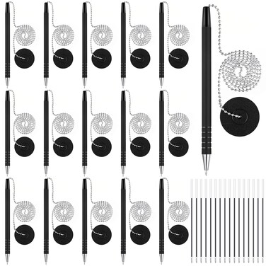 Security Pen Set with Bead Chain and Pen Holder, Desktop Pens with Chains, Blank Ink Refills for Office Bank Supplies, Black (64 Pieces)