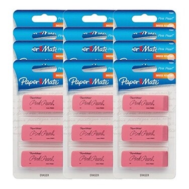 Paper Mate Pink Pearl Erasers, Large, 12 Packs of 3 (36 Erasers)