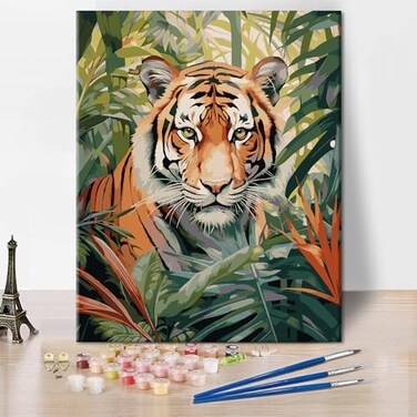 Animal Paint by Numbers Modern Adult Beginner Painting Art DIY Tiger Forest Beast Paint by Numbers Tropical Rainforest Painting Art Lady Men Living Room Bedroom Wall Art Decoration 16x20 in