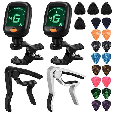 Guitar Capo Guitar Tuner Set, 2 Set Guitar Accessories, Including Guitar Capo Guitar Tuner Guitar Picks and Guitar Pick Holder, for Guitar Players and Guitar Beginners (2 Set)