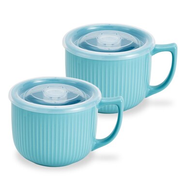 Hoilse Ceramic Soup Bowls with Handle and Vented Lid, 32oz Large Wide Soup Mugs with handles, Soup Cups for Ramen, Pastas, Salads, Cereals, Microwave and Dishwasher Safe- set of 2 (Blue)