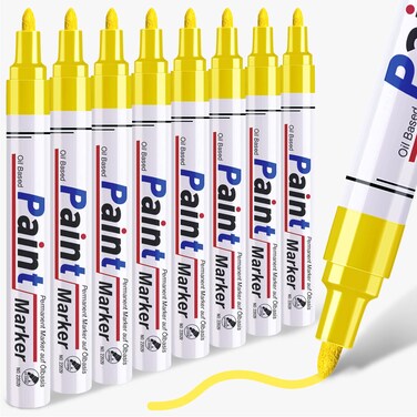 Yellow Paint Pen Permanent Paint Markers - 8 Oil Based Paint Pens, Medium Tip, Quick Drying and Waterproof Marker Pens for Metal, Rock Painting, Wood, Fabric, Plastic, Canvas, Mugs Yellow Markers Pen