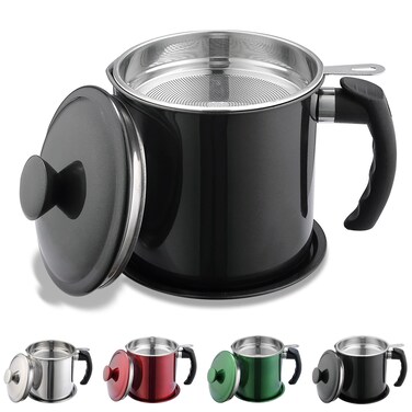 Kyraton Black Bacon Grease Container With Strainer, 48 oz Black Coating Stainless Steel Oil Container, Pot Fat Storage With Lid, Easy Grip Handle Suitable For Storing Frying Oil And Cooking Grease