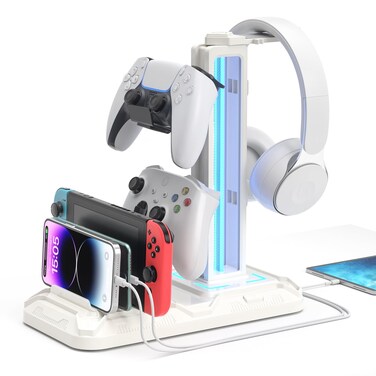KDD Headset Stand with Charging Station - Detachable Controller Holder with 9 Light Modes - Rotatable Headphone Hanger with USB A&amp;C Charger Ports - Earphone Hook for PC Gaming Accessories Storage