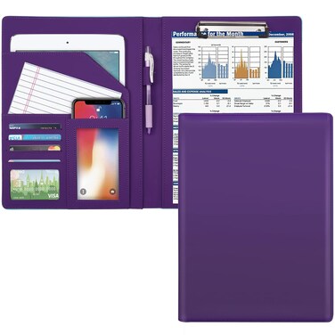 WAVEYU Resume Portfolio Folder, Padfolio Clipboard, Writing Portfolio Leather Clipboard with Cover for Legal Pad Holder Letter Size A4 for Business Conference Notepad Clip Boards, Purple