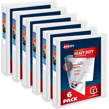 Avery Heavy-Duty View 3 Ring Binders, 1 Inch One Touch Slant Rings, 250-Sheet Capacity, DuraHinge, 1.4 Inch Wide Spine, Customizable Clear Cover and Spine, White Binders (6-Pack of 79799)
