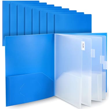 Colarr 8 Pcs 10 Pocket Folders Sturdy Plastic Multi Pockets Folder Letter Size Paper Document Project Organizer for School Office Business Meeting (Blue)