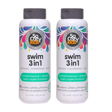 SoCozy Kids Swim 3-in-1 Shampoo + Conditioner + Body Wash (10.5 Fl Oz, Pack of 2) Gentle Combo Hair &amp; Body Cleanser for Swimmers, Salt &amp; Chlorine-Removing Activated Charcoal, Paraben &amp; Sulfate-Free