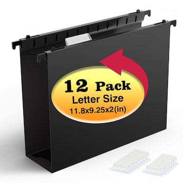 Shutex Extra Capacity Plastic Hanging File Folders,12 Pack Reinforced Hang Folders,Heavy Duty 2 Inch Expansion,Plastic Filing Cabinet Folders,Letter Size,Designed for Bulk Files, Medical Charts,Black