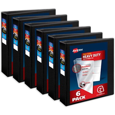 Avery Heavy-Duty View 3 Ring Binders, 2 Inch One Touch Slant Rings, 530-Sheet Capacity, DuraHinge, 2.8 Inch Wide Spine, Customizable Clear Cover and Spine, Black Binders (6-Pack of 79692)