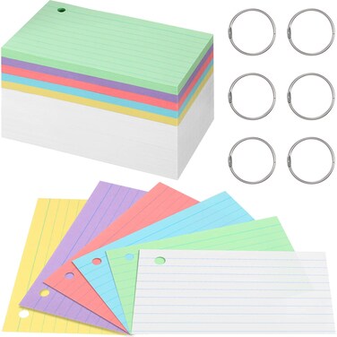 Epakh 300 Pieces Back to School Index Cards 180 GSM Thick Flash Cards with Rings Punched Index Cards Flashcards on a Ring Ruled Note Cards for Adults Home(3 x 5 Inch,Light Color)