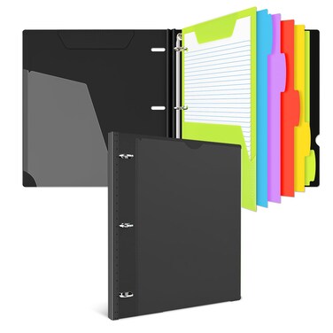 INFUN All-in-one Telescoping Binder Notebook, Refillable 3 Ring Notebook Binder with 1 Plastic Movable Pocket Folder,5 Plastic Subject dividers and Graph Paper and College Ruled Paper- Black