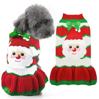 XGDMEIL Dog Christmas Sweater Dress for Small Medium Dogs Cats Santa Claus Xmas Dog Striped Knitwear with Leash Hole Turtleneck Girl Dog Knitted Pullover Winter Warm Pet Puppy Clothes Outfits (S)