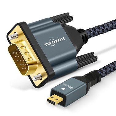 Twozoh Micro HDMI to VGA Cable 6.6FT, Gold-Plated &amp; Braided Micro HDMI VGA (Male to Male) Support 1080P 720p Compatible with Laptop, Projector, HDTV