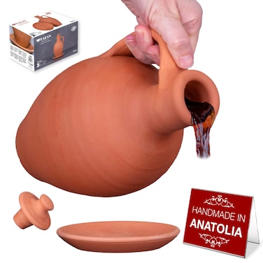 Hakan Anadolu Natural Clay Water Pitcher Set   Unglazed Terracotta Water Carafe &amp; Plate   Traditional Small Mud Jug   Pottery Jar for Drinking Water   Small   1.6 qts