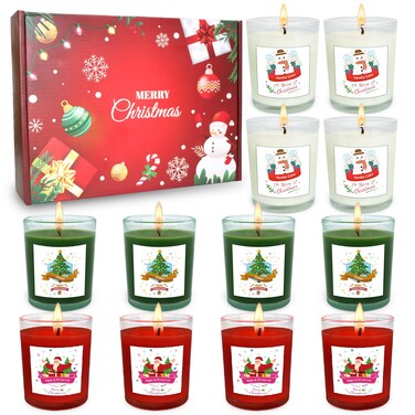 Set of 12 Christmas Themed Scented Votive Candles in Glass, Small Red Apple&amp;Cinnamon, Green Cedar and White Vanilla&amp;Cake Candles with Snowman, Santa Claus and Pine for Holiday Home Decor, &lrm;2"W x 2.4"H
