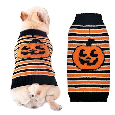 XGDMEIL Halloween Dog Sweater Funny Pumpkin Puppy Knitwear with Leash Hole Turtleneck Dog Clothes Warm Pet Costumes for Small Medium Large Dogs Cats Fall Winter Vest Pet Outfits,S