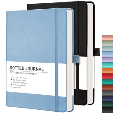 RETTACY Bullet Dotted Journal, 2-Pack, A5 Dotted Notebook Journal with 160 Numbered Pages per Pack, 5.7'' &times; 8.3'', Medium Size, 120 GSM Thick Paper, Leather Hardcover (Black &amp; Light Blue)