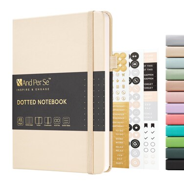 &amp;And Per Se Dotted Journal Notebook, A5 Hardcover Leather Bullet Dotted Journal, 160 Pages 100 gsm Thick Dotted Paper，3 Stickers Included for Women Men, Work Office or School - 5.7'' x 8.3'' (Light