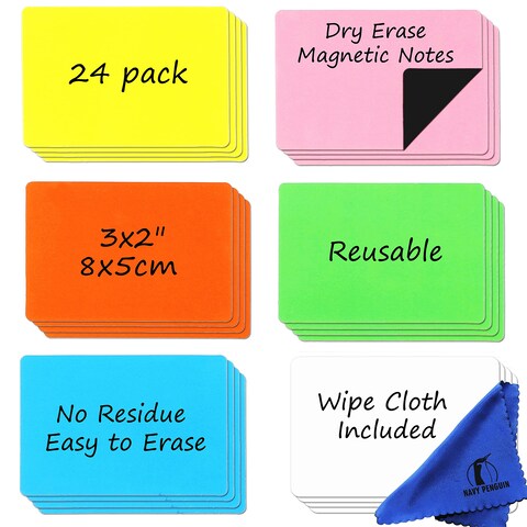 Dry Erase Magnets Set - 24 Pack - 3x2 in Whiteboard Magnetic Notes Planning Pads Labels - Small White Board Magnet Strips Name Tags for Home, Office and Classroom