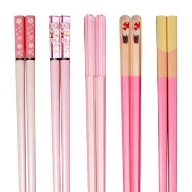 HELERKOL 5 Pairs Fiberglass Chopsticks Pink Japanese Korean Chopsticks Reusable Non-Slip Chopsticks Dishwasher Safe, 9.6 Inches Long, 5 Patterns