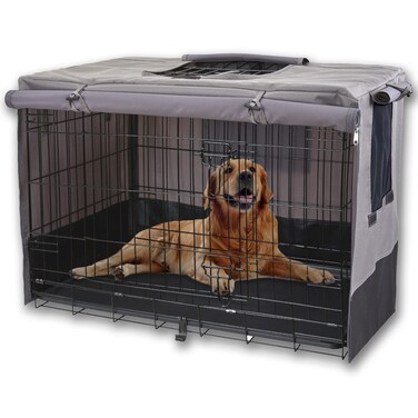 Rachmi Privacy Dog Crate Cover 42 Inch, Durable 600D Canvas Water Resistant Windproof Pet Kennel Cover for Universal Wire Crate with Double Doors, (43&rdquo;Lx29&rdquo;Wx31&rdquo;H, Gray/Black)