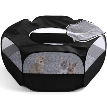 VitalCozy Guinea Pig Playpen with Cover Top Hamster Playpen with Mat Portable Pet Tent Indoor Small Animal Toys Tent Cage for Rabbit Cat Ferret Chick Bearded Dragon Travel Camping(Black)