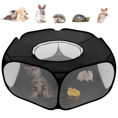 Small Animal Playpens with Top Cover, Foldable Breathable Small Pets Cage Tent Outdoor Indoor Portable Play Pen for Guinea Pig Hedgehog Hamster Cat Rabbit Bunny Puppy Ferret Rat Chicks (Black)