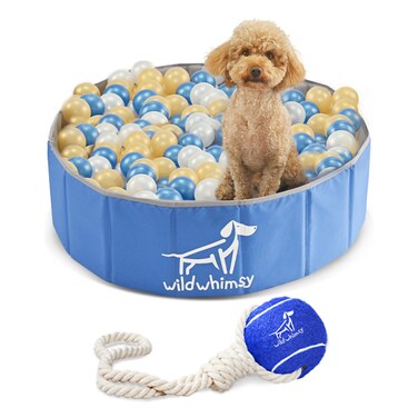 Wild Whimsy Dog Ball Pit - Combo Pack 32" Inch Small Foldable Ball Pit for Dogs with Rope Tug Ball Toy -Indoor Outdoor Playpen with Metal Reinforcement Ring - Storage Case Included