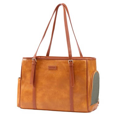 Lasaviin Fashion Dog Purse Pet Carrier Leather Bag for Small Dogs Cats Puppy, Portable Tote Bag Airline Approved Soft-Sided Carriers (Brown)