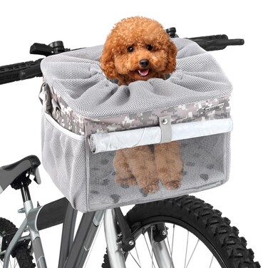 Dog Bike Basket, Pet Bicycle Carrier, Dog Car Seat with Safety Rope, Adjustable Shoulder Strap Portable Breathable Bicycle Basket Bag for Dogs and Cats Up to 15lbs