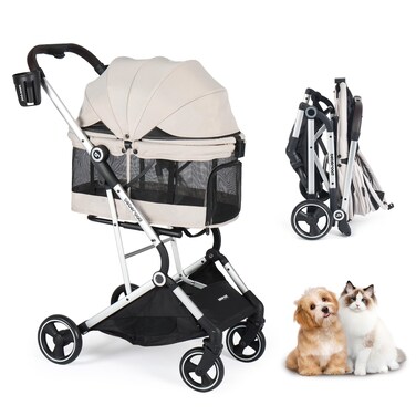 Beberoad Pets T4 PRO Pet Stroller for Small Medium Dogs, Cat Strollers for 2 Cats, 4 Wheels Folding Pet Stroller for Cats with Pad, Canopy and Cup Holder, Beige