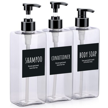 Segbeauty Shampoo Bottles, 3pcs 16.9oz Empty Refillable Pump Dispenser with Labels, 500ml Plastic Reusable Press Lotion Containers for Bathroom Hotel Liquid Soap Body Wash Hand Soap Conditioner Clear
