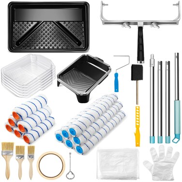 WILLBOND 35 Pcs Large Paint Roller Kit 1-5 ft Steel Extension Pole 6 Pcs 18"Paint Roller Sleeves and Roller Frame Paint Tray with Liners Foam Brush Paint Brushes Paint Kit(9 Inch)