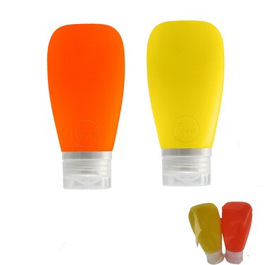 LYOB Travel Bottles for Toiletries, TSA Approved 3 oz Leak Proof Silicone Refillable Squeeze Travel Size Containers BPA Free for Cleansers, Lotions, Shampoo for Airplane 2pk (Orange,Yellow)