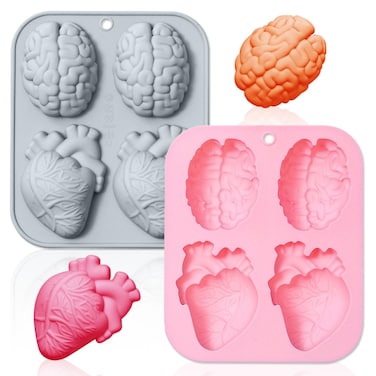 2 Pack Human Heart Brain Silicone Molds, 4 Cavity Halloween 3D Organ Shapes DIY Silicone Fondant Cake Mold Tray Muffin Baking Tools for Chocolate Candy Mousse Pudding Handmade Soap Candle Clay