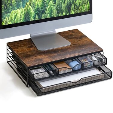 ARCOBIS Wood Monitor Riser with Drawers, Mesh Metal Computer Monitor Stand Riser with Storage for Desk, Max Load Capacity 40LB, 2 Drawers, Rustic Brown