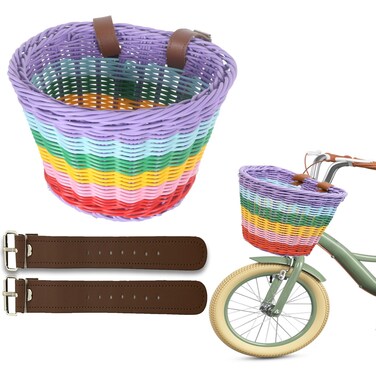 Kid's Bike Basket Front,Premium Hand-Woven Rainbow-Color Boys Girls Front Bicycle Basket,8.2 * 6.7 * 6.3inch&hellip;