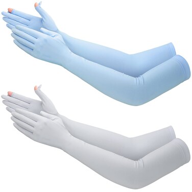 Jecery 2 Pairs UV Long Sun Gloves Women's Sunblock Driving Gloves Non Slip Full Finger Arm Sun Protective for Outdoor Sports (Gray, Blue)