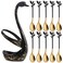 AnSaw Small Coffee Spoon Holder Set,Black Swan Base With 10 Pcs Black &amp; Gold Demitasse Espresso Spoons Set,4.7" Mini Leaf Dessert Spoon,Stainless Steel Tea Spoons