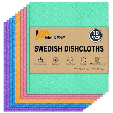 MoLKENE Swedish Dishcloths for Kitchen   6 Pack Absorbent Cellulose Sponge Cloths Washable   Non-Scratch Reusable Paper Towels Quick Drying Cleaning Cloths - White