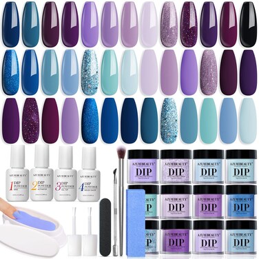 AZUREBEAUTY Dip Powder Nail Kit Starter, 20 Colors Purple Blue Glitter Dipping Powder Recycling Tray Essential Liquid Set Base Top Coat Activator French Dip Nails Art Manicure Beginner Salon 31 Pcs