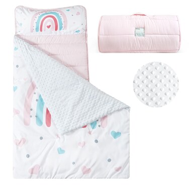 PHF Toddler Nap Mat with Removable Pillow and Minky Fleece Blanket, Rollup Design Warm Slumber Bags for Girls, 50"x20"x2" Kids Sleeping Bag for Daycare Preschool Travel Camping, Rainbow